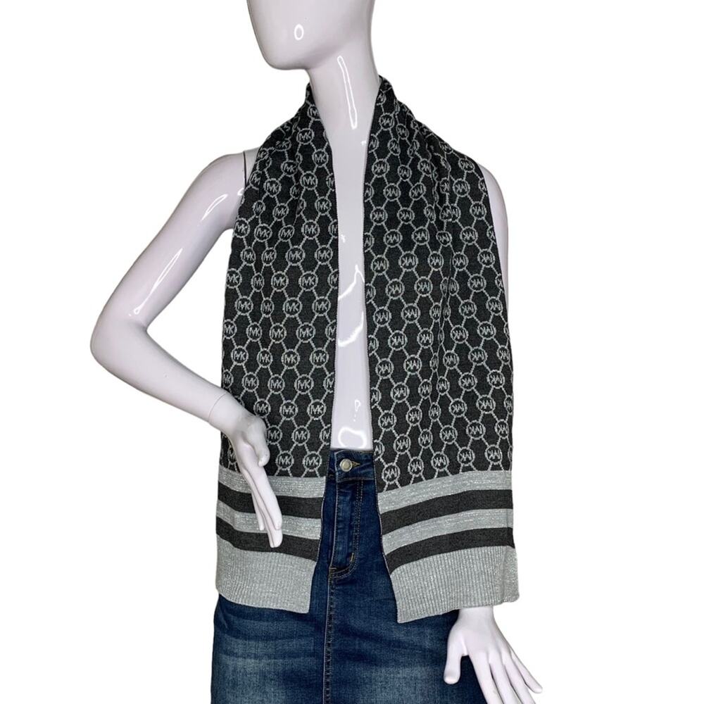 Michael Michael Kors Jet Set Logo Knit Scarf Charcoal and Metallic Silve - Picture 4 of 7